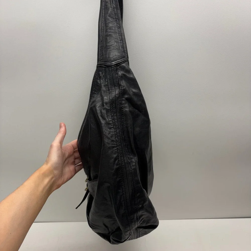 Kooba Hobo Shoulder Bag Slouchy Black Leather Triple Brass Ring Boho Indie Y2K